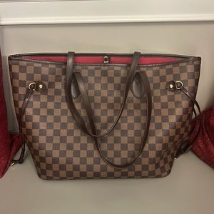Brown checkered tote bag with red interior